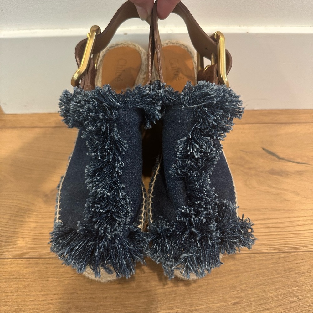 Chloe Denim Fringe Espadrille Wedge Sandals *authentic*